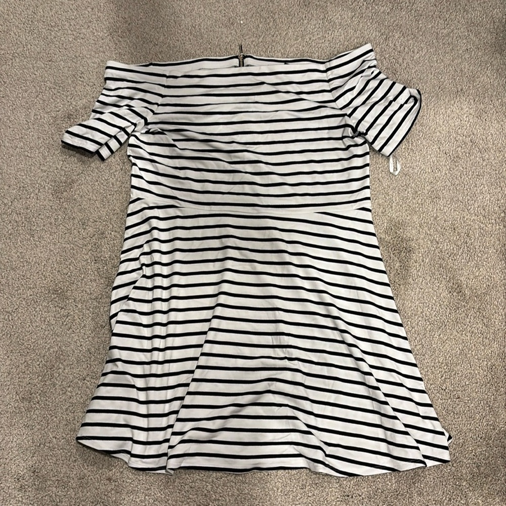 Off the shoulder stripe fit and flare dress